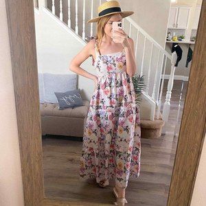 House of Harlow 1960 Sz XS Dress Floral Linen Maxi 3 Tier Bow Tie Shoulders NWT